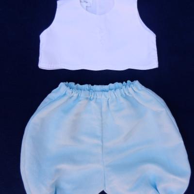 Ensemble brassière sans manches blanche broderie façon boutis et bloomer bleu glacier - 3 mois