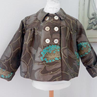 Veste fille en coton marron, turquoise et doré doublée - 2 ans